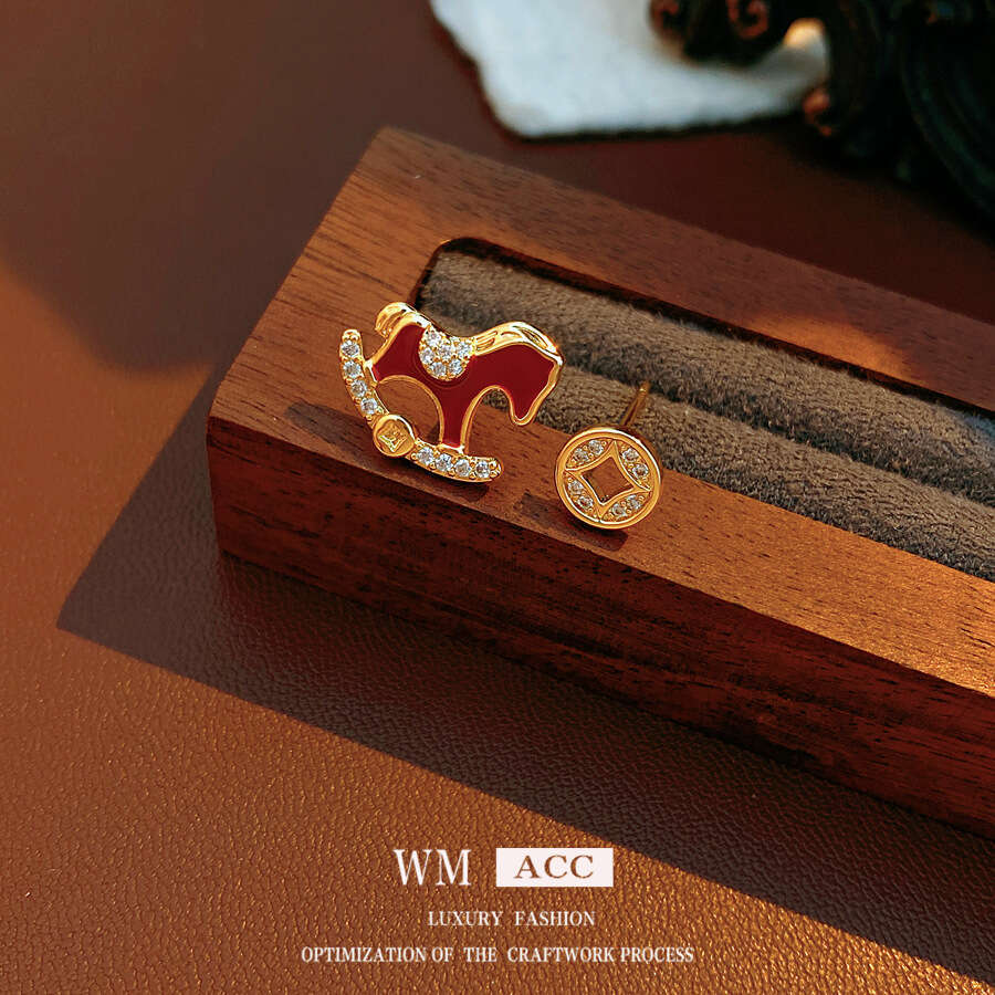 Zodiac Year Silver Needle Zircon Copper Coin Pony Earrings Fashionable Exquisite Versatile Studs Light Luxury High-end Feel Wholesale