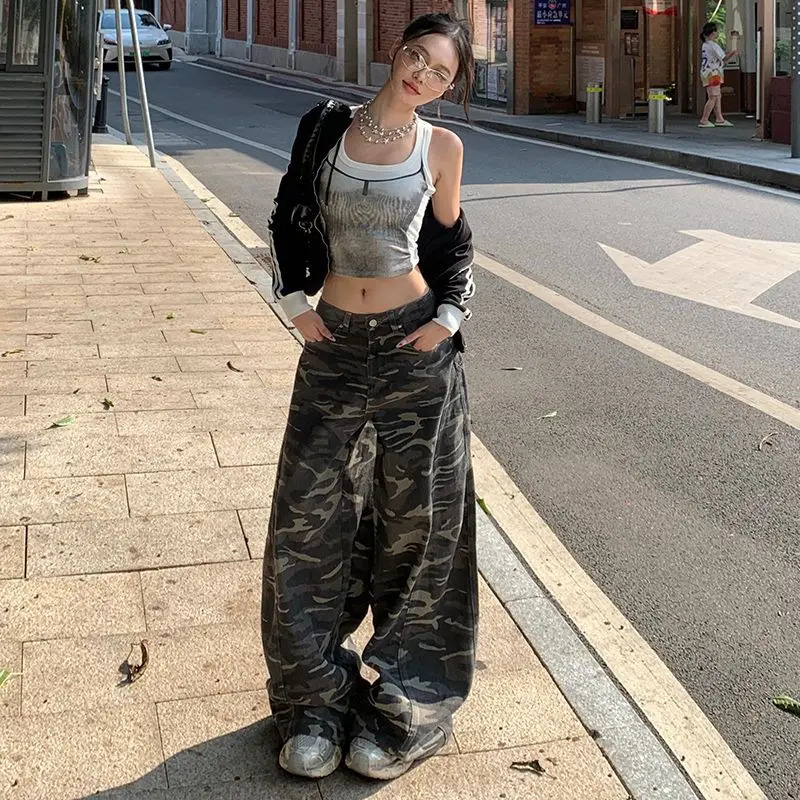 American Style Vintage Camouflage Wide Leg Jeans High Waist Loose Casual Floor Length Straight Cut Womens Winter Trousers 251225