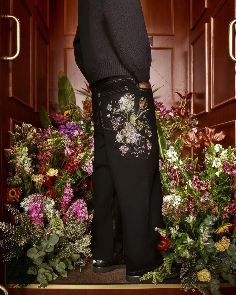 Retro Harajuku Floral Embroidery Baggy Jeans Women Streetwear Trousers Korean Y2K Wide Leg Straight Pants Vintage Clothes 251225