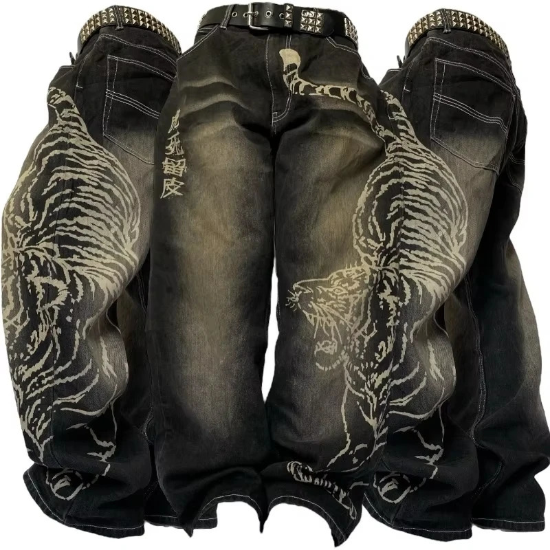 Y2K Fashion Street Blue Washed Stitching Loose Jeans Women Korean Vintage Casual Joker High Waist Straight Wide Leg Pants 251225