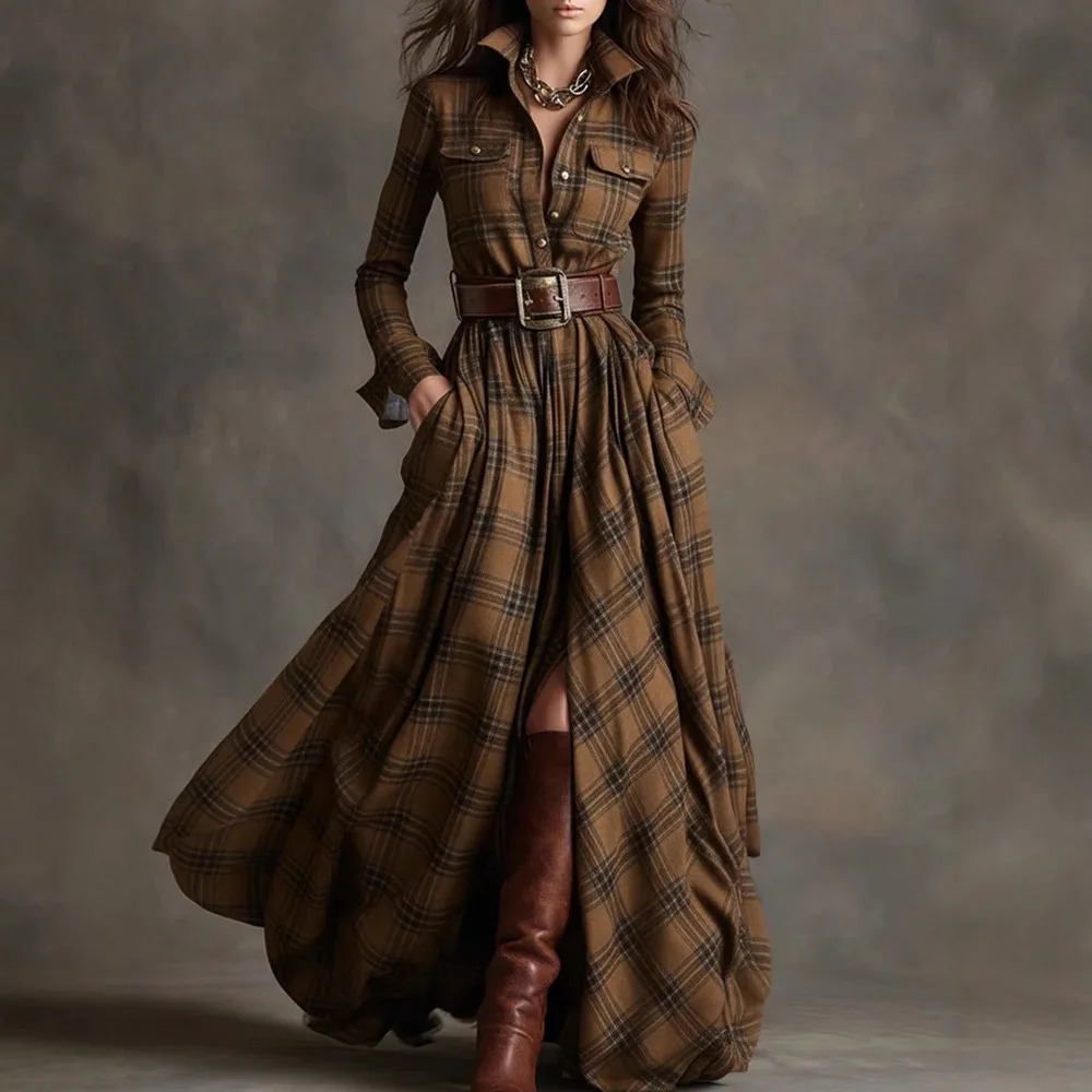 French Womens Plaid Dress Shirt Button Cardigan Lapel Fashion Belt Pocket Irregular A-line Long Skirt for Female 251222