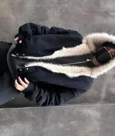 American vintage warm jacket fashionable and simple loose biker punk jacket hip-hop style winter fur collar hooded jacket 251223CJ