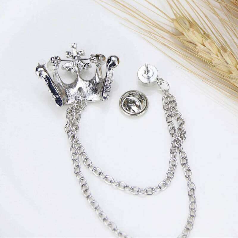 Korean British Style Crown Brooch Suit Tassel Chain Lapel Pin Badge Retro Men Accessories Wedding Banquet Jewelry Gift 25N1225