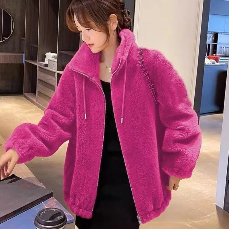 Fashion Women Winter Warm Double Coral Fleece Overcoat Solid Soft Plush Stand Collar Coats Ladies Long Sleeved Zipper Outerwears 251225