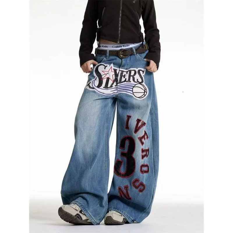 Personalized letter patch embroidery stitching highquality oversized jeans for women American girl street wideleg y2k pant 251225