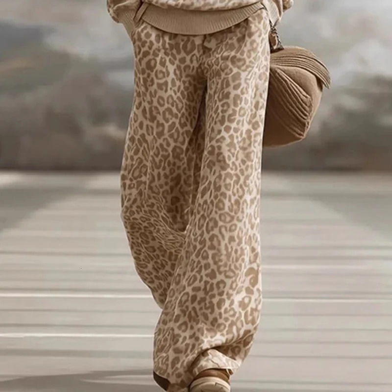 Vintage Leopard Print 2 Piece Sets Woman Elegant O Neck Sweatshirt Wide Leg Trousers Suit Fall Winter Long Sleeve Loose Outfit 251225