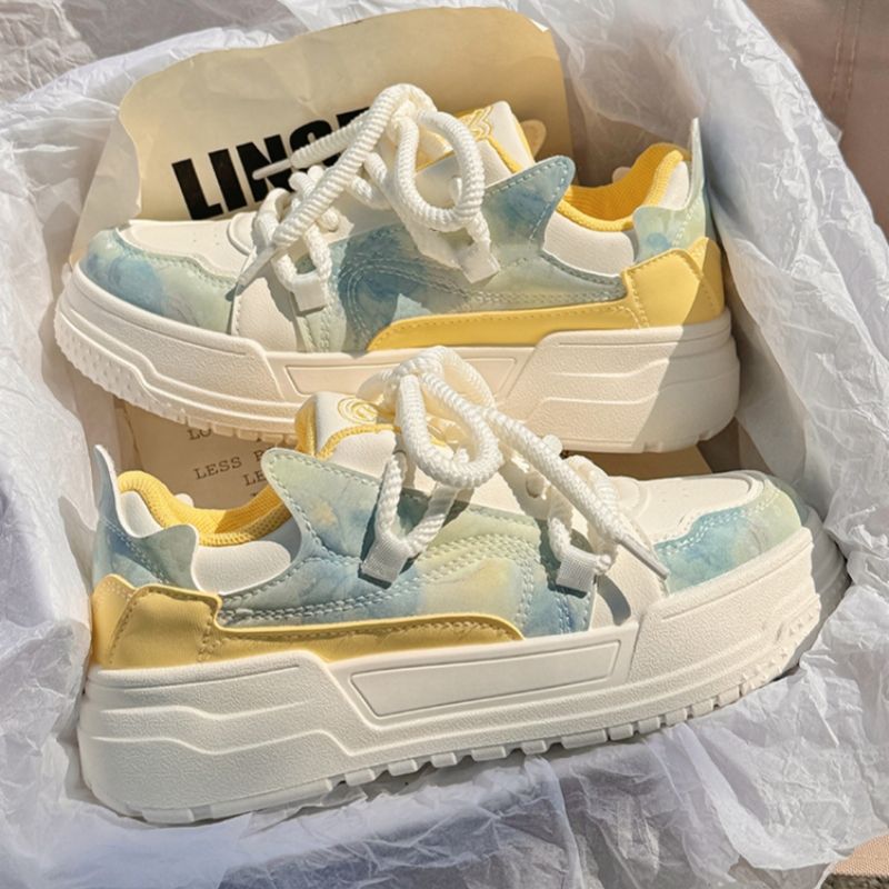 Free shipping pink watercolor-patterned platform sneakers soft fabric thick non-slip sole adjustable rope laces sweet style versatile daily wear casua