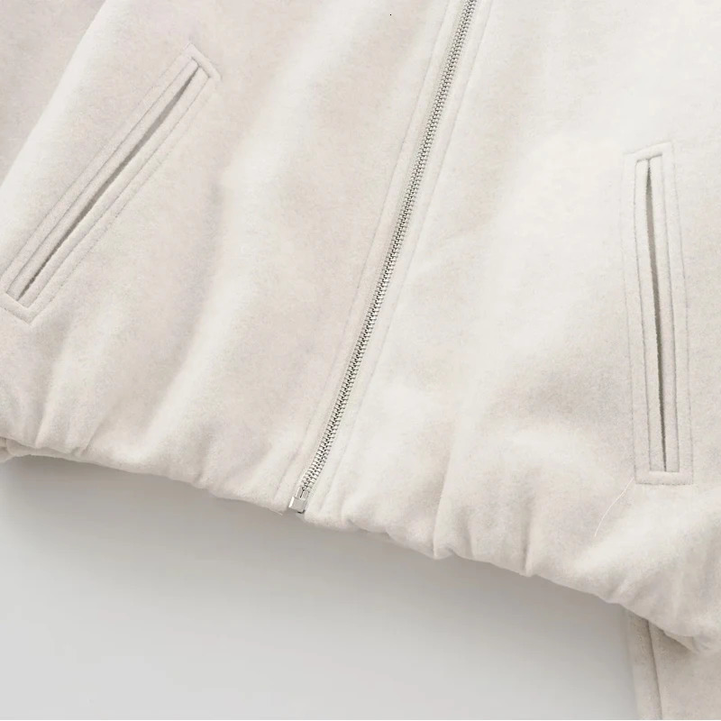 TRAF Beige Cropped Jacket Outerwears Womens Autumn Winter WoolBlend Short Bomber Varsity Fashion Casual Grey Coat 251225