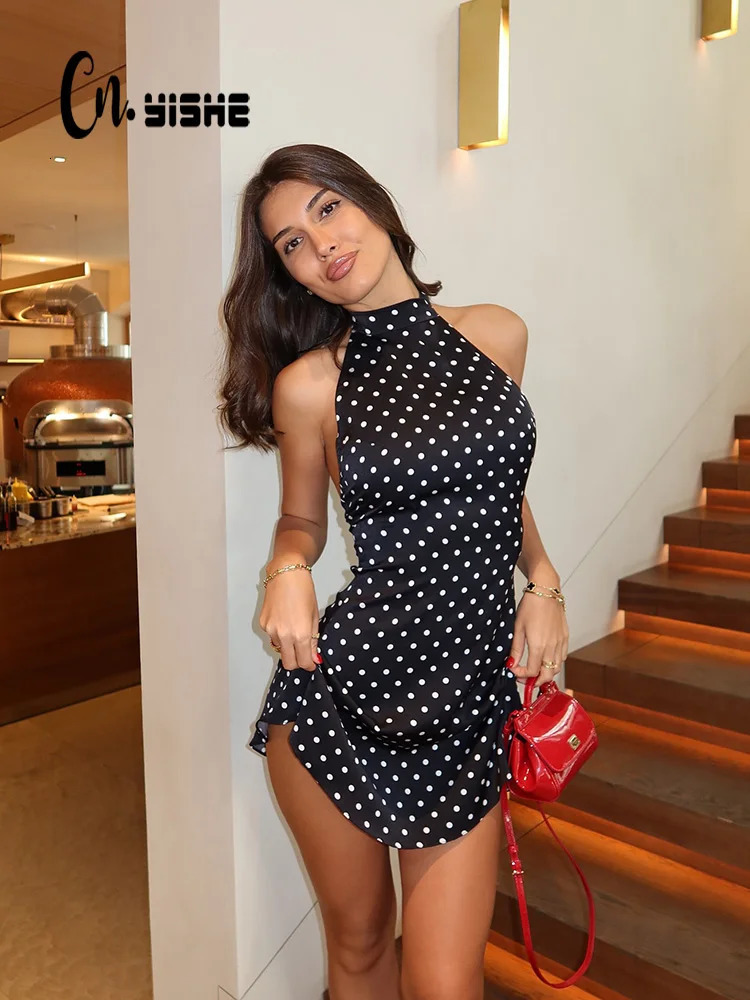 CNYISHE Dot Prints Halter Backless Sleeveless Elegant Party Outfits Women Dresses Summer Sheath Fashion Female Bodycon Trendy 251225