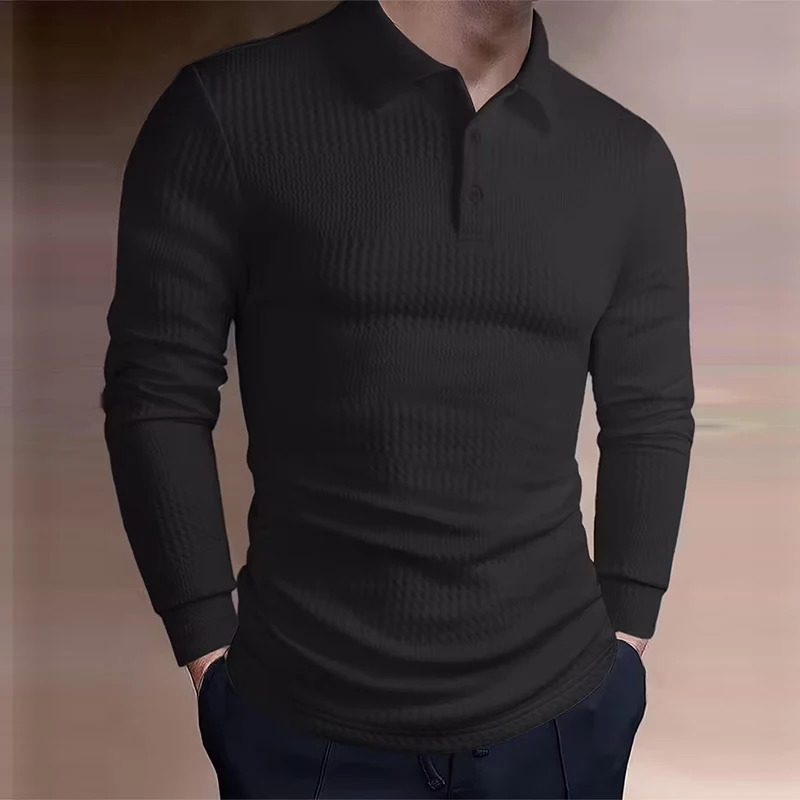 American Retro Mens Jacquard Polo Shirt Business Slim Solid Color T-shirt Leisure Lapel Long Sleeve Pullover Tops S-2XL 251225