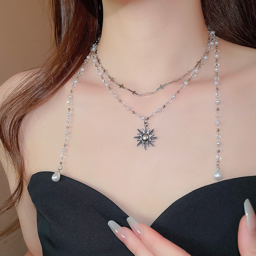 Pearl Crystal Cross Beaded Sun Double Layer Necklace Vintage Distressed Collarbone Chain Light Luxury High-end Sense Jewelry for Women - view 5
