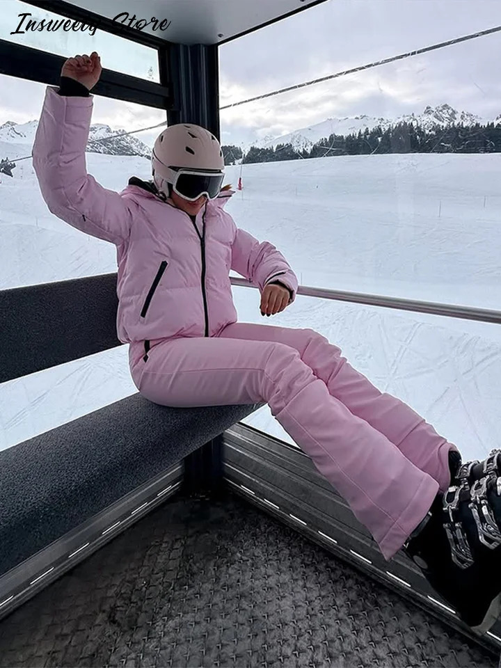 Fashion Solid Color Ski Suit Womens Hooded Full Sleeves Zippers Warm Coats High Waist Pants Autumn Winter Lady Tracksuit 251225