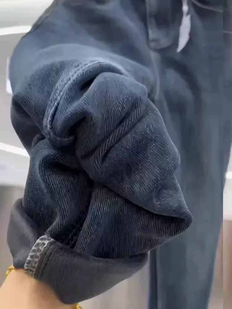 American Vintage Fleece Lined Jeans Women Fall Winter Thickened High Waist Hips Covering Slim Tapered Dad Pants 251225