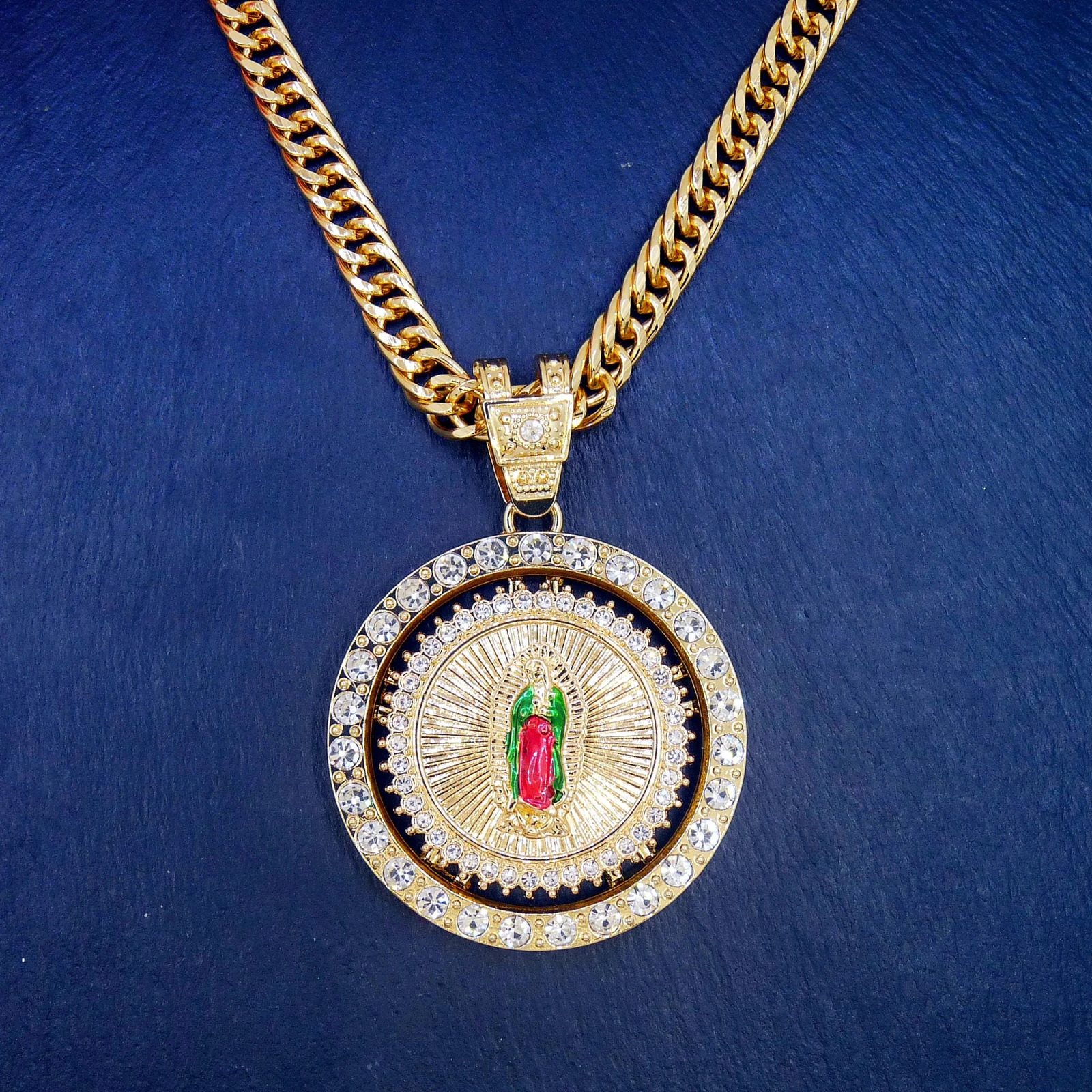 14K Gold-Plated St Jude Virgin Mary Coin Pendant Necklace with Rotating Wheel Hip-Hop Style Cuban Chain Jewelry 251223