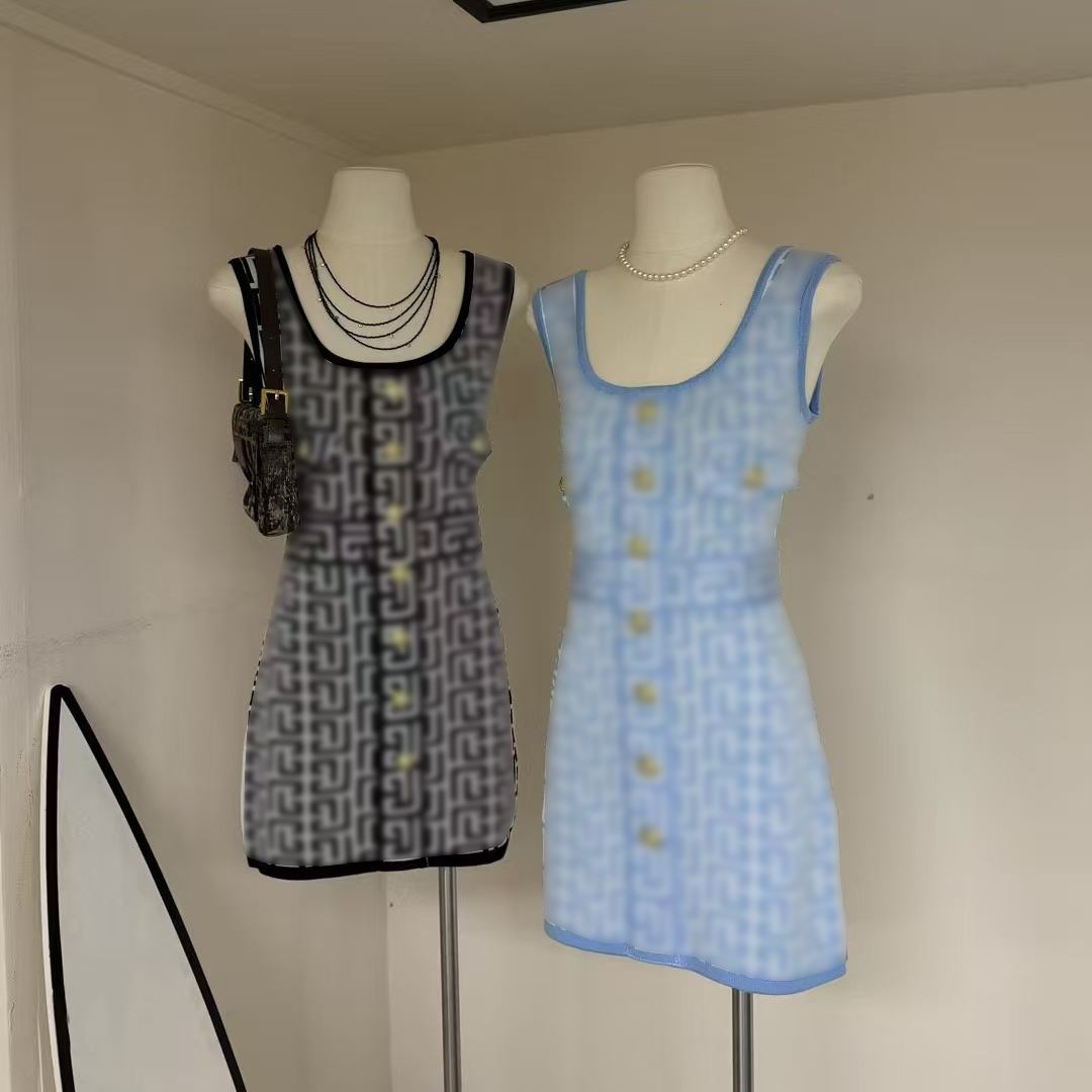 Womens Designer Knitted Dress Set Slim Fit Dress Black White Stripe Waistcoat Letter Vest Skirt Pleated Skirt Outfit Elegant Casual Basic Woman Knits Clothes Sets