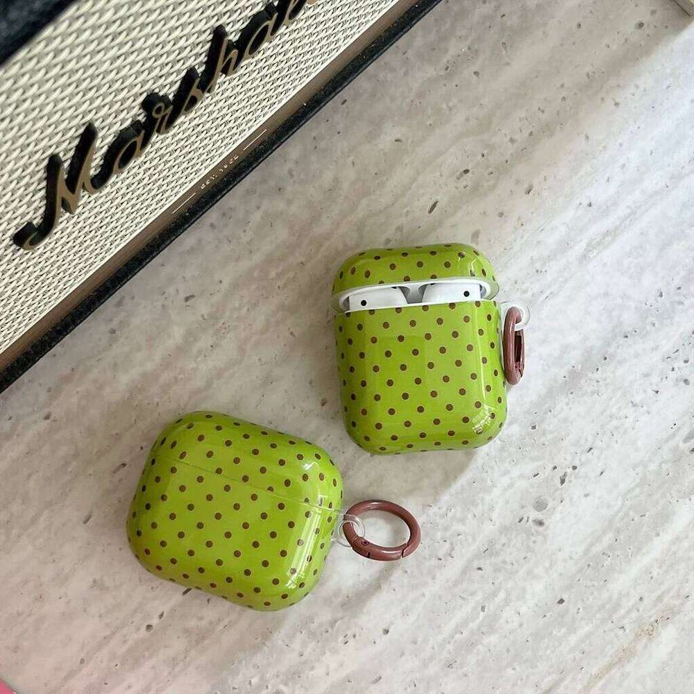 Retro Fresh Green Brown Wave Point With Hook Shockproof Protective Earphone Cover Case for AirPods 1 or 4 2 Pro 3 25H1225