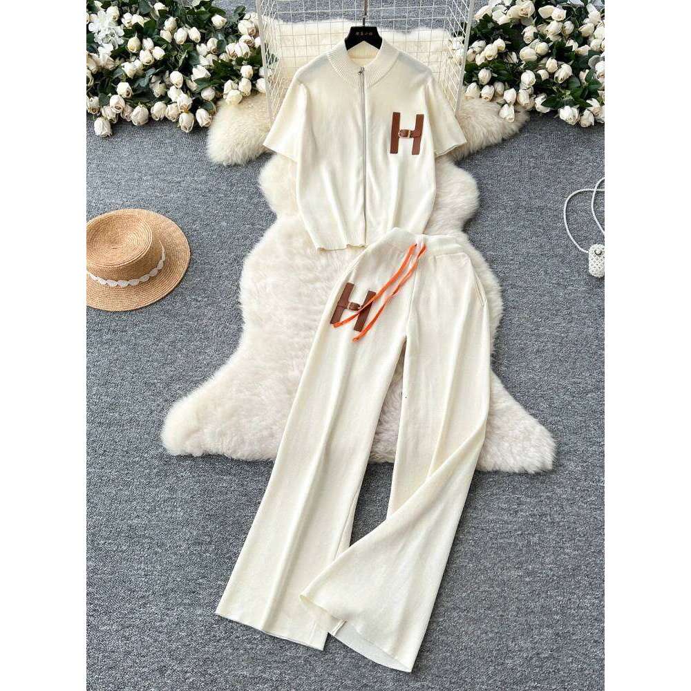 Designer Clothes Leisure Suit Women S European Round Neck Short Sleeved Knitted Cardigan High Waist Wide Leg Pants Summer Two Piece Set Hot Selling