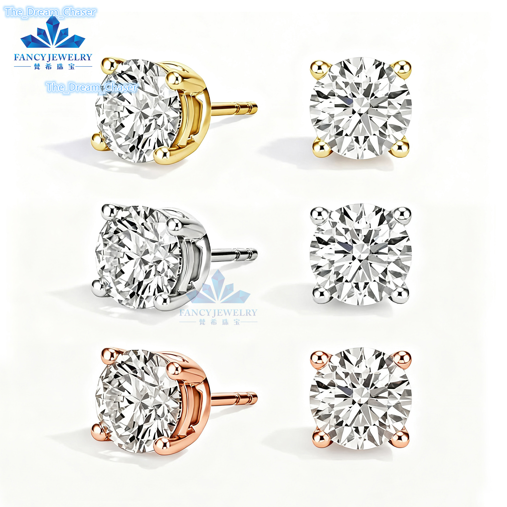 Custom Fine Jewelyr Earrings 4 Prongs Inlay Real Solid 18k 14k 10k Gold Earring Round Brilliant 1 2 4 Carat Lab Diamond Earings