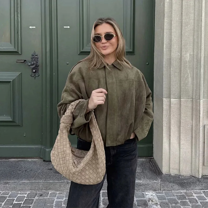 Womens Bomber Jackets Coats Fashion Turndown Collar Long Sleeve Loose Vintage Female Outerwear Chic Tops 251225