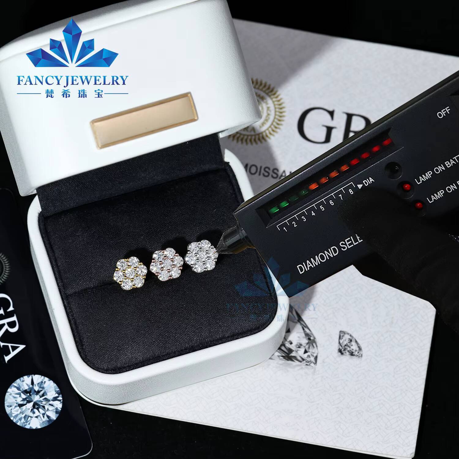 Wholesale Iced Out Hiphop Diamond Earring Silver 925 Vvs Moissanite Stud Earrings Iced Out Cluster Flower Stud Earrings