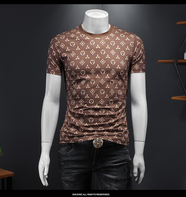 Free Shipping 2026 Summer New Printed Short Sleeve T Shirt Men Trendy Fashion Round Neck Slim Fit Oversize Versatile Top Green Coffee Grey