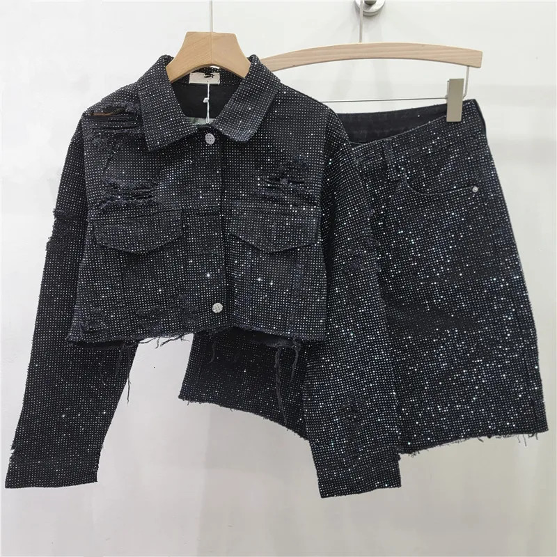 Shiny Drilling Full Starry Diamonds Beaded Denim Jacket Rhinestones Jeans Coat Crystal Cowboy CoatMidpants 2Pcs Set 251223