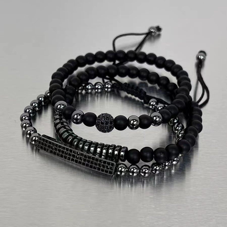 Anil Arjandas Mens Bracelet Set Jewelry 3Pcs/Set 8mm Black CZ Ball 4/5mm Copper Bead Braided Macrame Bracelet Set 240918