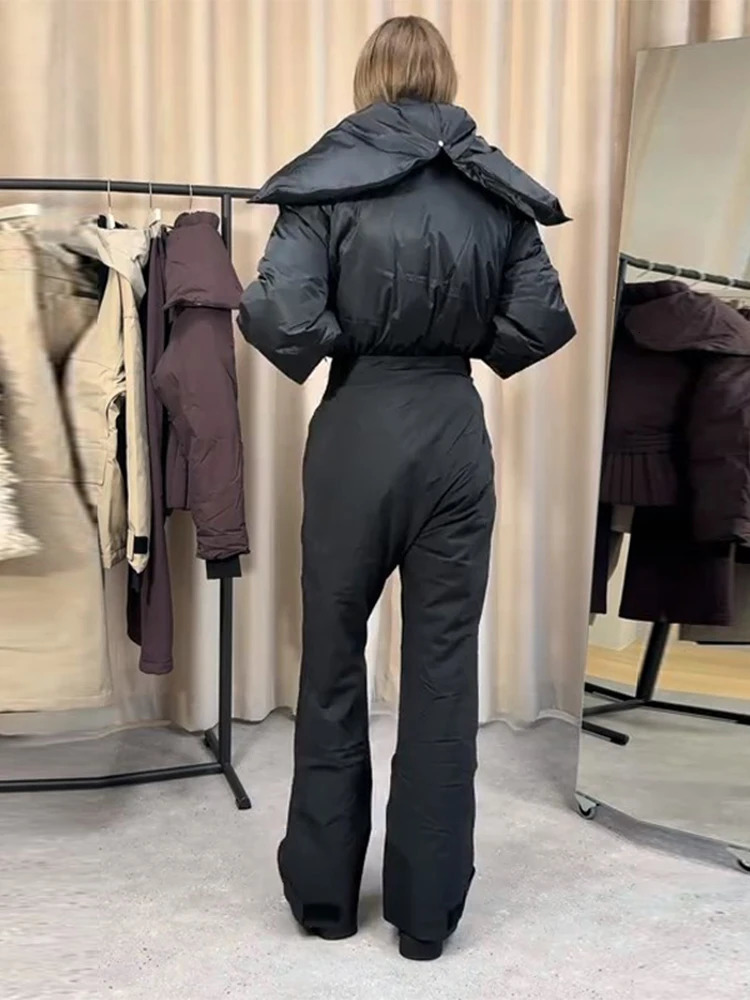 Detachable Hooded Ski Suit Jumpsuit Woman Zipper Color Blocked Long Sleeve Slim Warm Jumpsuits Sports Casual Womens Suits 251225