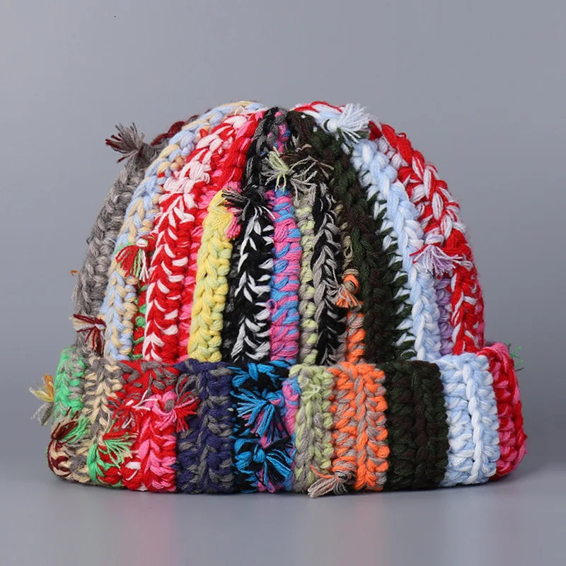 Handmade Heavy Industry Multi-strand Twist Mixed Color Knitted Wool Hat Dopamine Color Womens Winter Warm Overhead Beanie Cap 251224