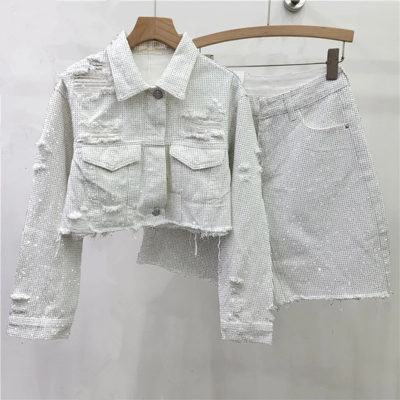 Shiny Drilling Full Starry Diamonds Beaded Denim Jacket Rhinestones Jeans Coat Crystal Cowboy CoatMidpants 2Pcs Set 251223