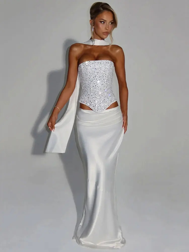GACVGA Drilling Satin Sexy Dress Set With Scarf Women Sparkle Crop Top And Maxi Skirt Elegant Club Party Two Piece Skirt Set 251223