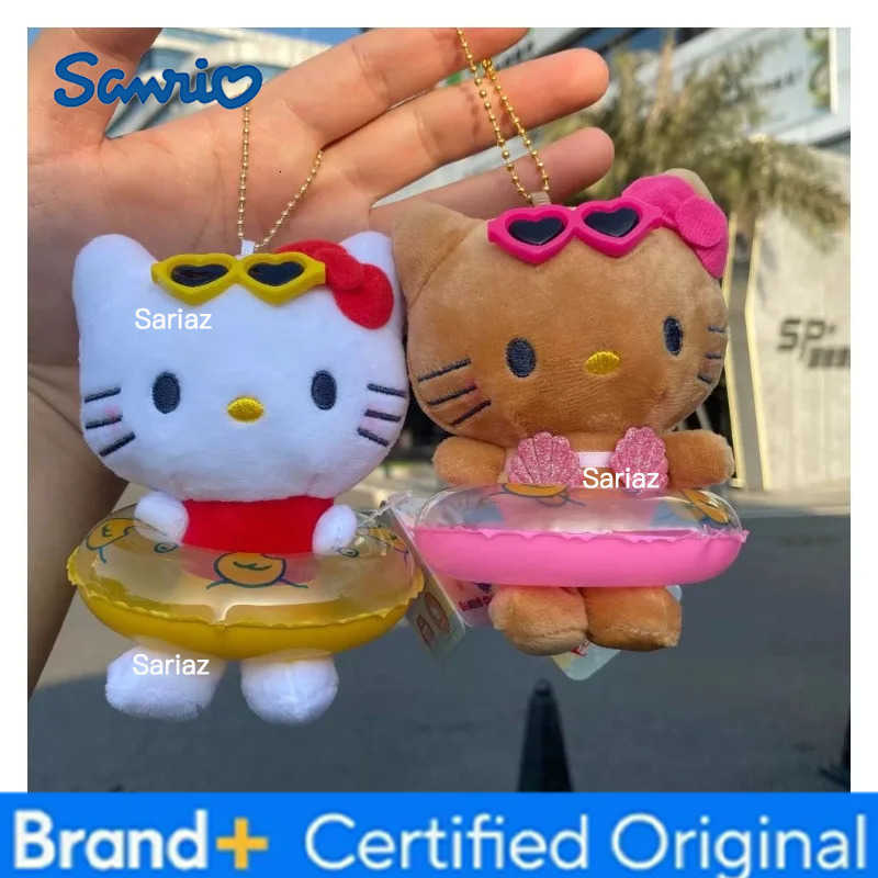 Sanrio NEW Hawaiian Surfboard Swimming Series Hello Kitty Plush Doll Keychain Black skin Cartoon Toy Pendant Cute Birthday Gift H251225