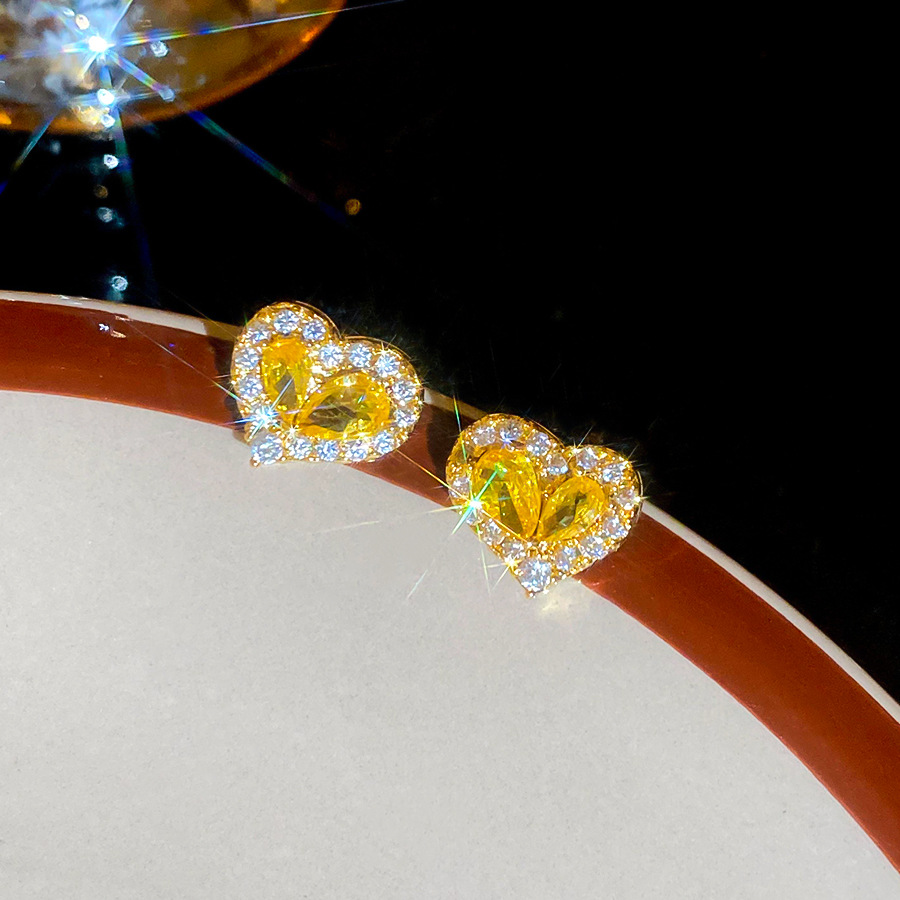 Real Gold Plated Silver Needle Zircon Heart Delicate Sweet Elegant Versatile Light Luxury High-end Feel Earrings for Women - view 7