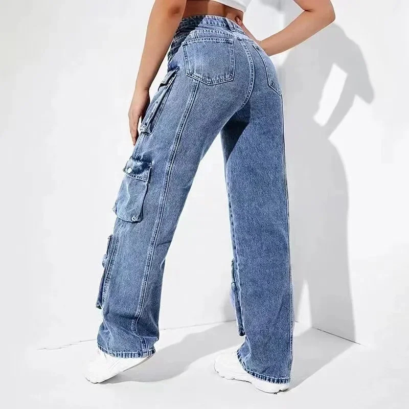 Jeans Women Zipper Fly Flat Cargo Pants Denim Pockets Streetwear High Waist Loose Mom Winter Spring Streewear Club Y2k 251225
