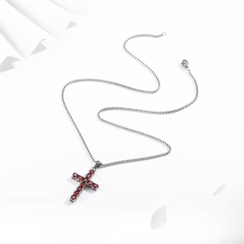 Jewellery Stainless Steel Texture White 5A Zircon Square Cross Pendant Necklace Hip-Hop Style for Daily Wear Gift for All Occasions Textured Urban Acc