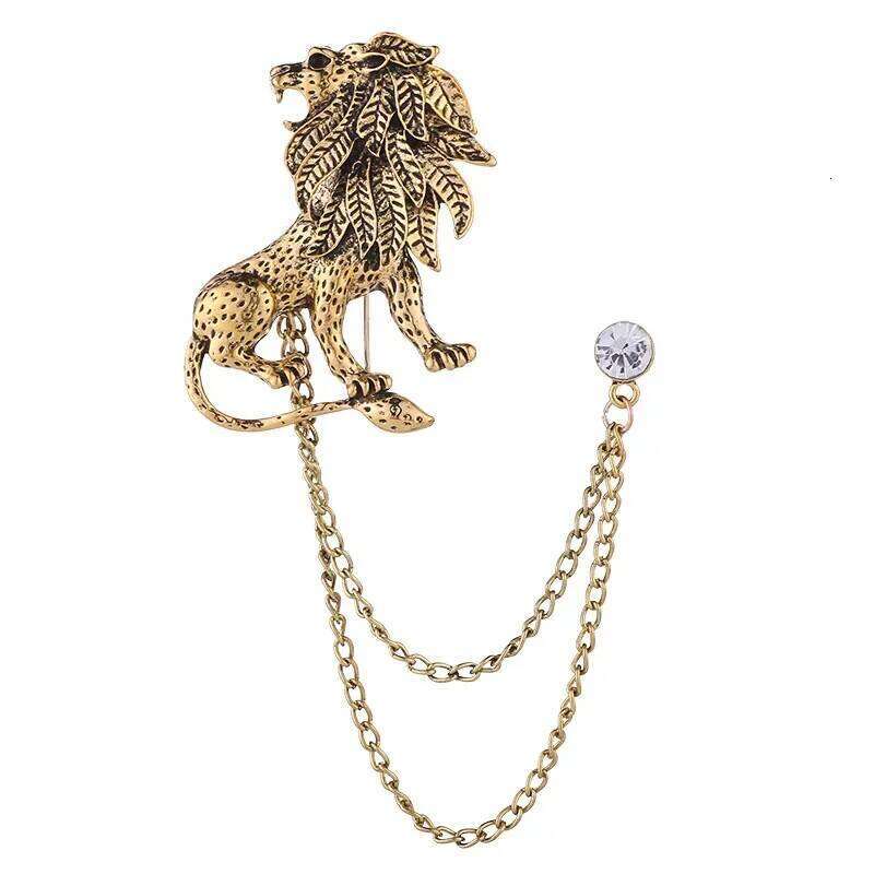 Korean Fashion Crystal Lion Brooch Animal Tassel Chain Lapel Pins British Style Men's Shirt Collar Badge Clothing Accessories 25N1225