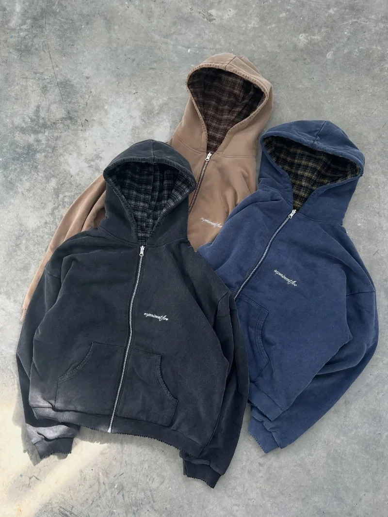 Y2K Harajuku Fashion Letter Printing Doublesided Plaid Zipper Hoodie Women Street Rock Casual Joker Couple Sweater 251225