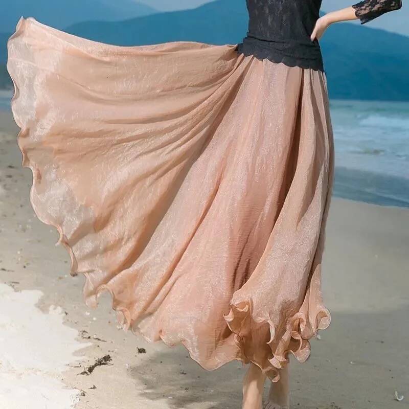 2025 new fashion women chiffon long skirts high waist floor length ruffles white summer boho maxi skirt saia longa faldas dongdumaoyi