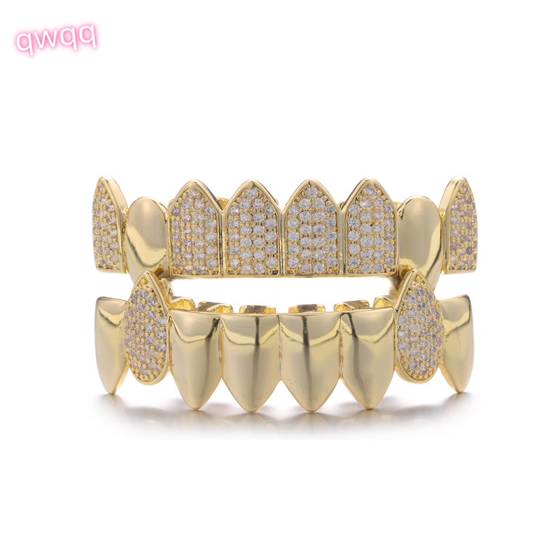 Hip Hop Stainless Steel Teeth Grillz with Diamond Zircon Gold Plated Silver Set-for Parties Anniversaries or Gifts