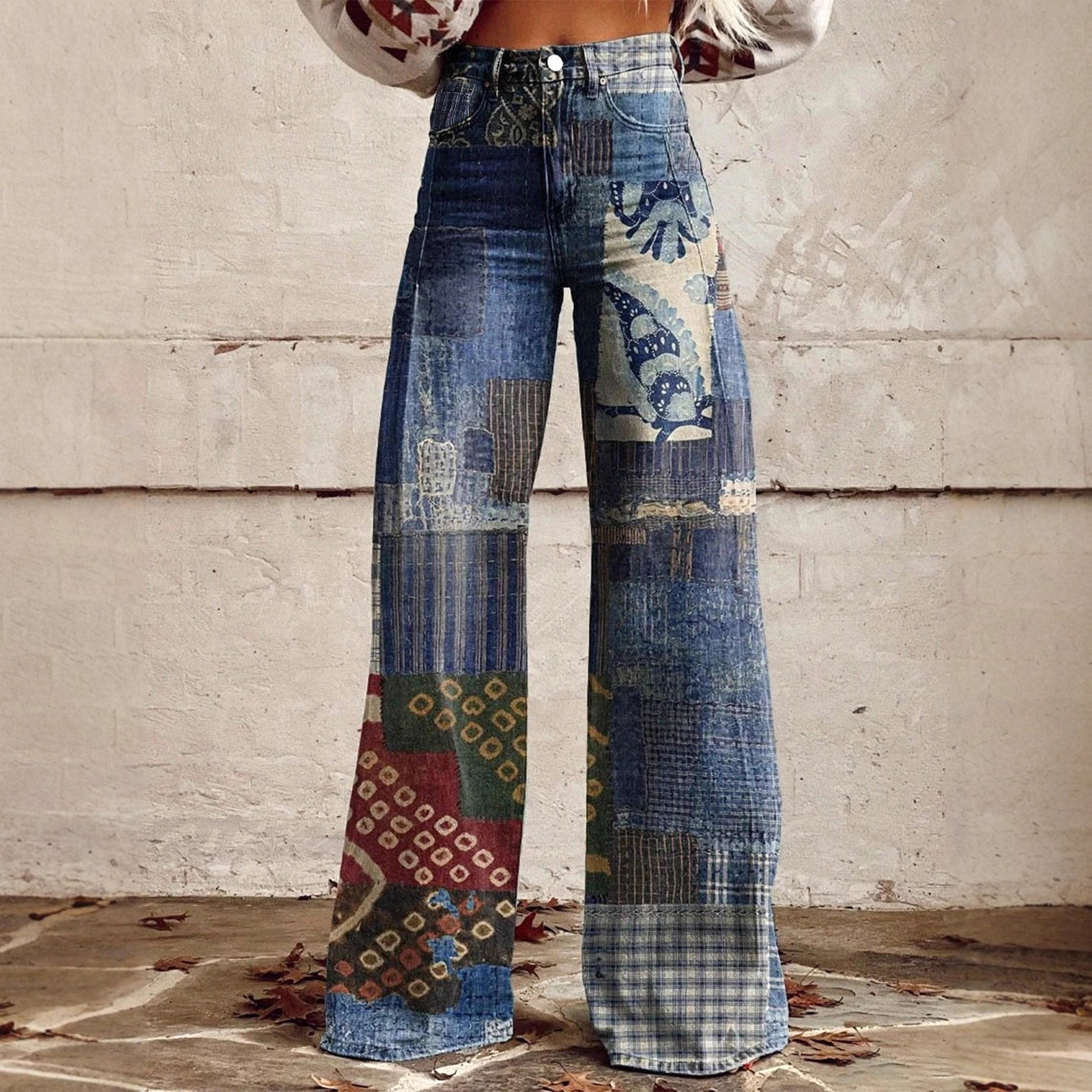 Womens Spring Patchwork Denim Big Flare Pants Vintage Zipper Streetwear Pocket Wide Leg Tassels Mid-Waist Jeans Pants 240822