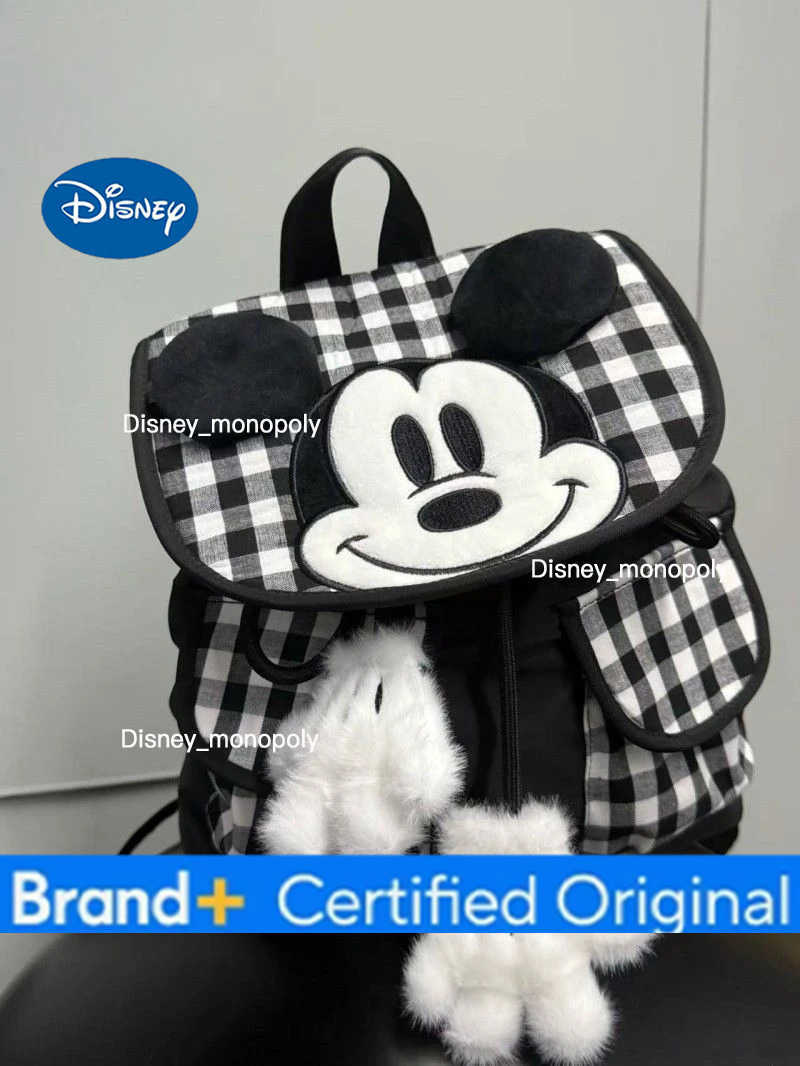 Disney cartoon cute Mickey Korean backpack black and white checkered campus student schoolbag ins style travel storage backpack H251225