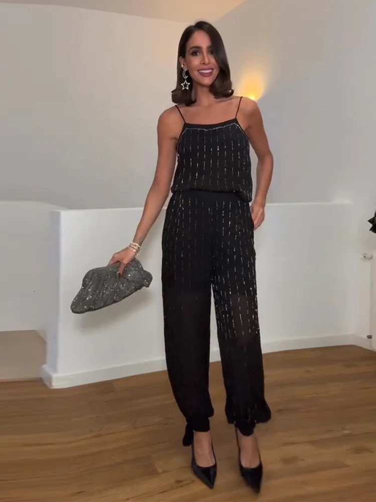 2026 Women Chic Outfits Fashion Elegant Black Bead Embroidery Sleeveless Slip Tops Wideleg Pants Suit Twppiece 251225