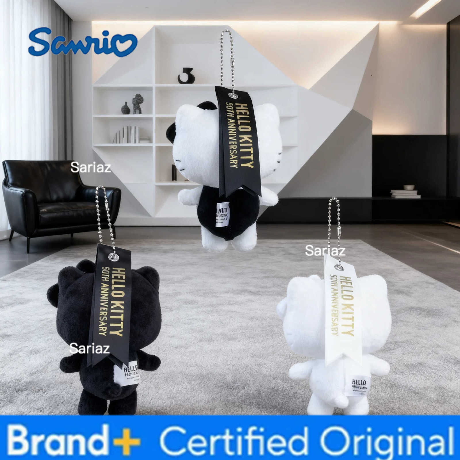 Sanrio New Cute 50th Anniversary Limited Edition Pure Black and White Hello Kitty Pendant Girls Heart Plush KT Doll Keychain Pendant H251225