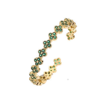Four-Leaf Flower Bracelet Copper Setting with Colored Diamonds Adjustable Open-Petaled Bracelet