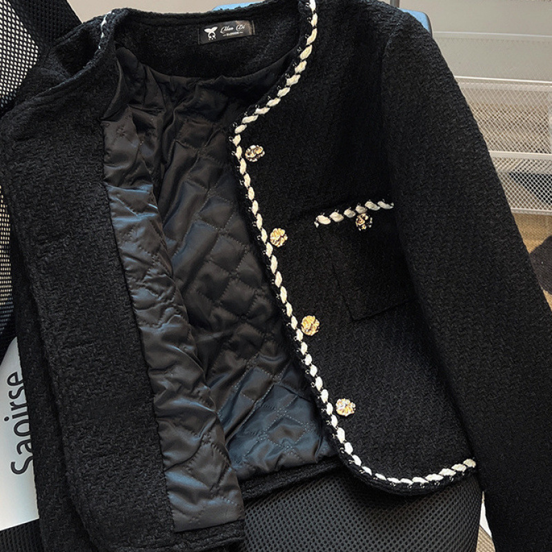 Vintage Tweed Jacket Women Elegant Cropped Quilted Coat Commute Black Blazer Winter Ladies Korean Short Outerwear Tops