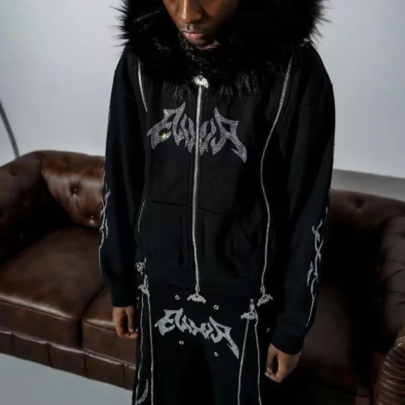 High street hiphop letter diamond zipper n fur collar hoodies for men y2k punk American skateboard casual sweatshirts 251225