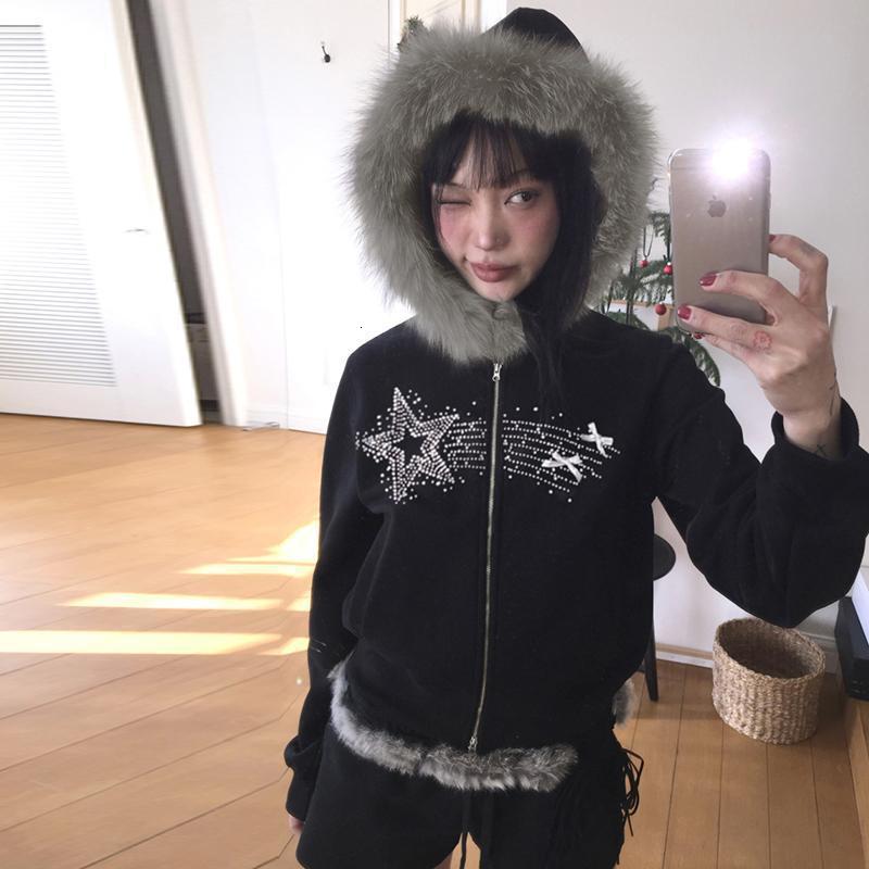 Autumn Winter Harajuku American High Street Fur Collar Zipper Hoodie Men Y2k Goth Punk Hiphop Rock Oversized Sweatshirt Women 251028
