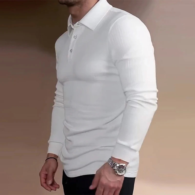 American Retro Mens Jacquard Polo Shirt Business Slim Solid Color T-shirt Leisure Lapel Long Sleeve Pullover Tops S-2XL 251225