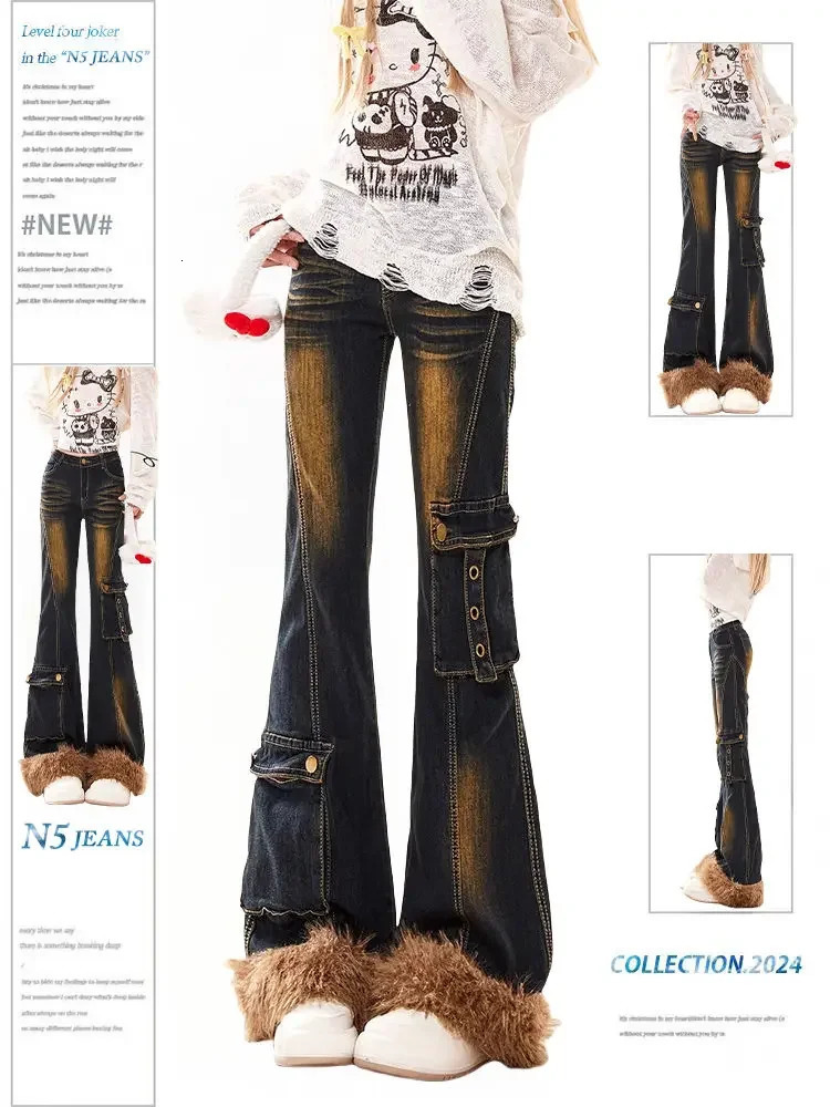 American Patchwork Fringed High Waisted Jeans Y2k Micro Flared Workwear Women Autumn Winter Retro Slim Fit Slimming Pants 251225