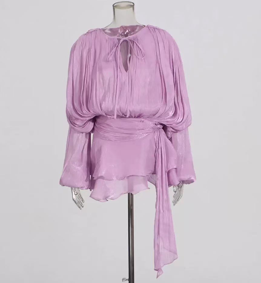 Casual Dresses Chic Ruffle Hem Mini Dress O Neck Lace Up Loose Blouse Lantern Sleeve Solid Chiffon Vestidos 2025 Lady Spring Gown